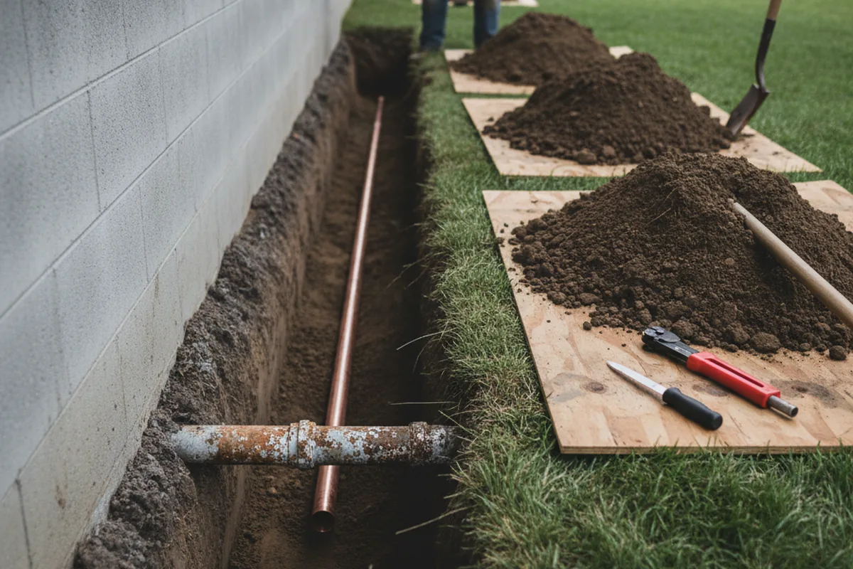 Excavated water line trench during Sewer Line Repair in Oswego